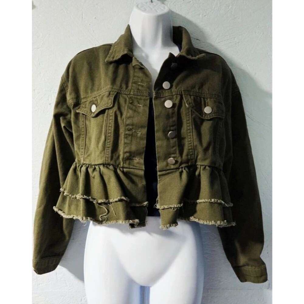 Shein Olive Green Cropped Raw Ruffle Hem Jacket - Size Small